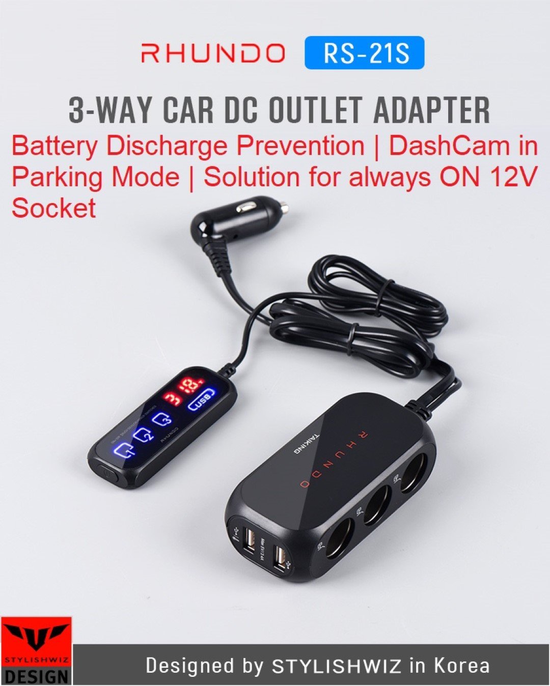 Rhundo RS-21S Car USB Charger Splitter Adatpor for DashCam Parking